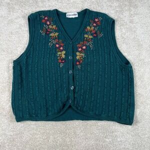 Alfred Dunner Teal Green Floral Embroidered Cable Knit Button Front Sweater Vest